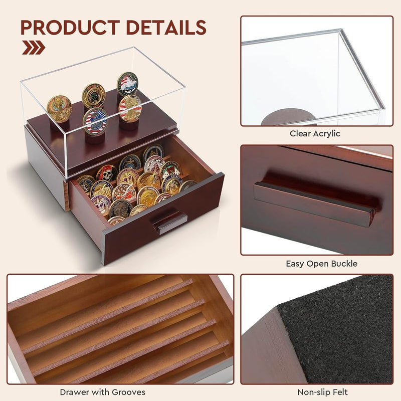 ULTRGEE Challenge Coin Display Case, Military Coin Collection Holder with Wooden Coin Box, Drawers, and Clear Acrylic Lid – Gifts for Coins Collectors (5 Pillars) - Image 3